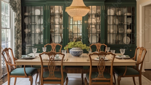 Formal dining room in light tans with emerald green lacquered china cabinet.