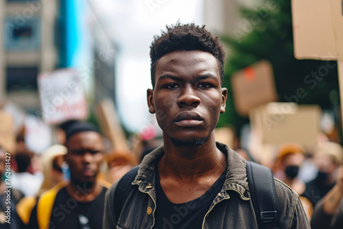 Determination in His Eyes: Young Man at a Peaceful Demonstration. Captured during a protest, his focused expression conveys hope and resolve photo