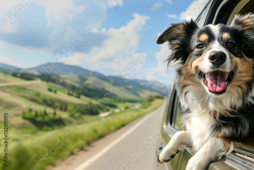 Joyful Journey: Happy Dog Enjoying a Road Trip Adventure. With ears flapping and tongue out, the dog savors the fresh air against a scenic mountain backdrop © Mirador