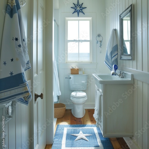 A bright and inviting guest bathroom featuring white beadboard walls and nautical-inspired decor  offering a welcoming coastal vibe to visitors
