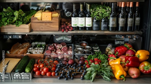 A chefs refrigerator, meticulously arranged with sections for various types of fresh produce, cheese, and lean meats, as they select the perfect ingredients for a balanced gourmet meal