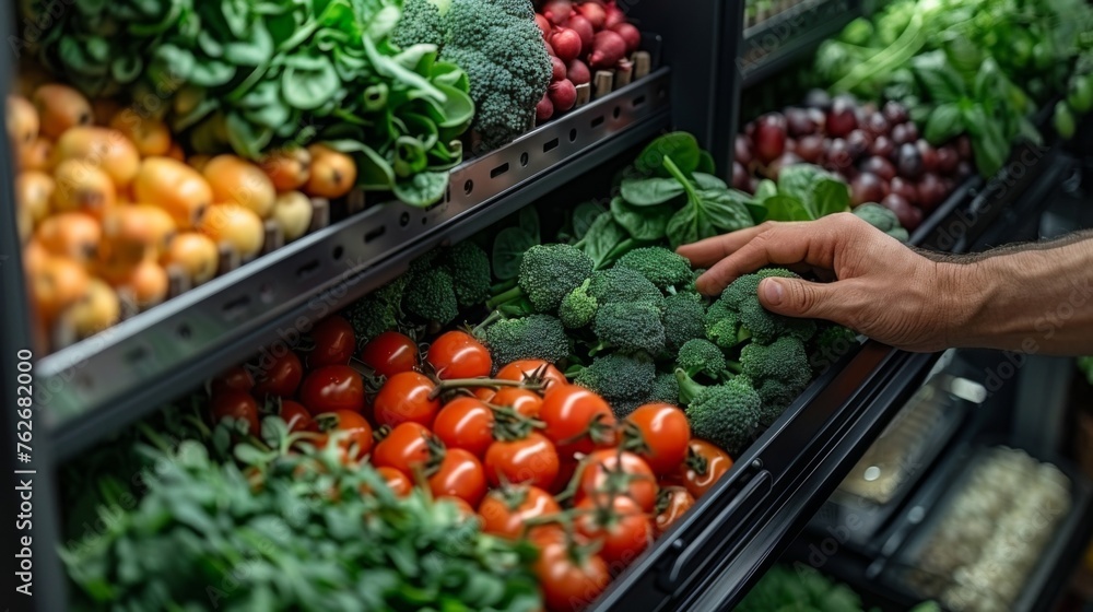 A close-up of a fridge door opening, revealing neatly organized sections of fresh produce, whole grains, and low-fat dairy options, with a persons hand reaching for a bundle of spinach