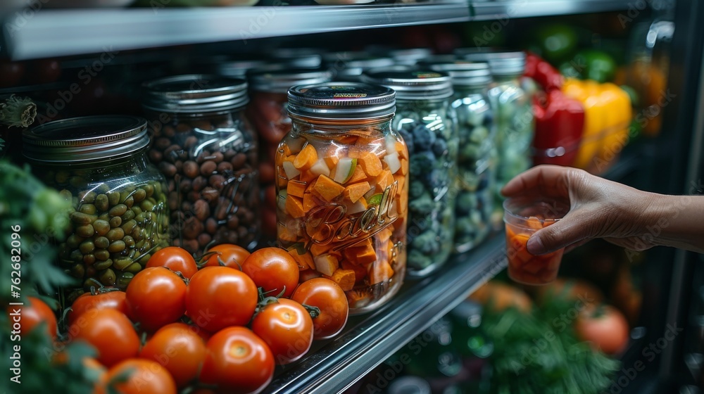 A close-up of a hand selecting a jar of homemade vegetable broth from a refrigerator stocked with seasonal veggies, lean meats, and tofu, showcasing a commitment to balanced, homemade meals A close-up of a hand selecting a jar of homemade vegetable broth from a refrigerator stocked with seasonal veggies, lean meats, and tofu, showcasing a commitment to balanced, homemade meals