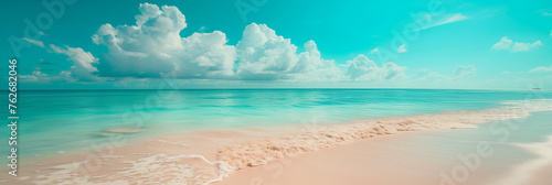 Clean sandy beach with cloudy sunny sky panorama view, natural landscape scenery, sandy tropical summer beach, summer vacation banner, the beautiful sea on a sunny day, Hawaiian decent beach panorama