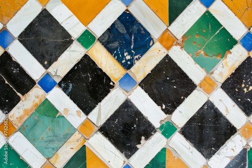 A geometric pattern of diamonds and squares in black, white, green, blue, yellow and orange colors on the wall with tiles Generative AI
