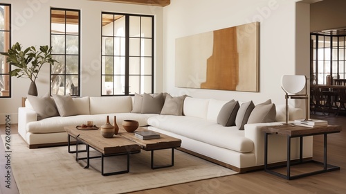 Great room with linen sectional and burnished bronze wrought iron console. © Aeman