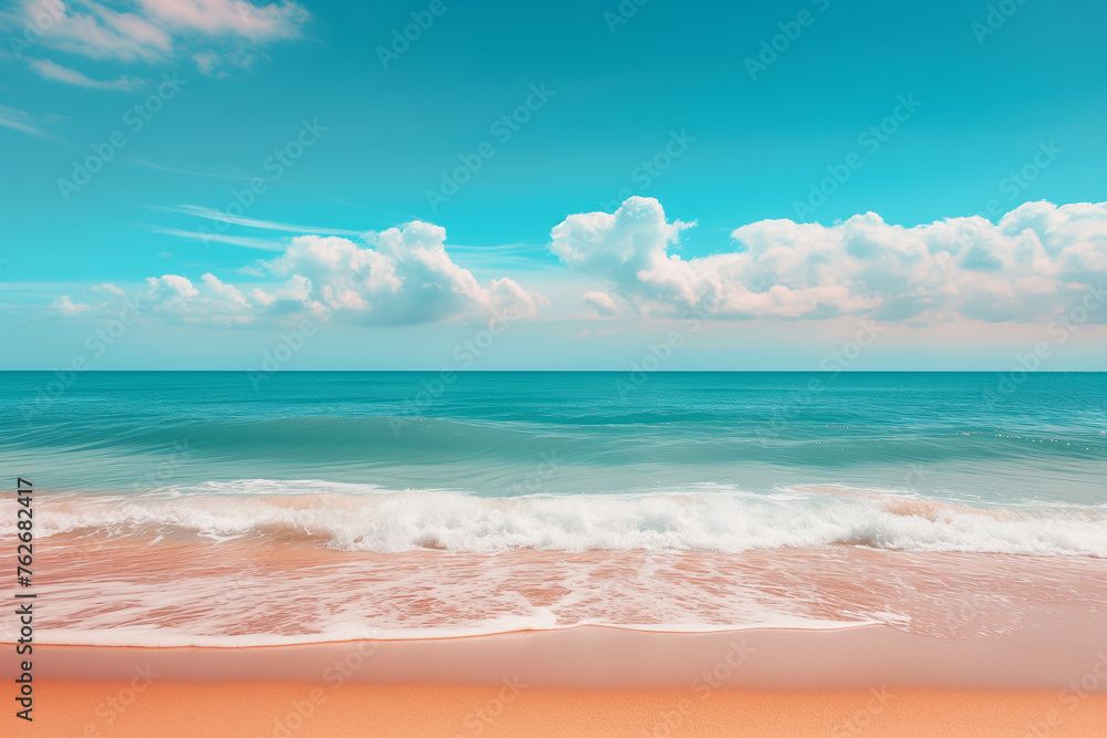 Clean beach with sand and cloud sunny blue sky wallpaper concept banner, natuaral landscape scenery, sandy tropical summer beach, summer vacation banner,  beautiful sea on sunny day, Hawaiian beach