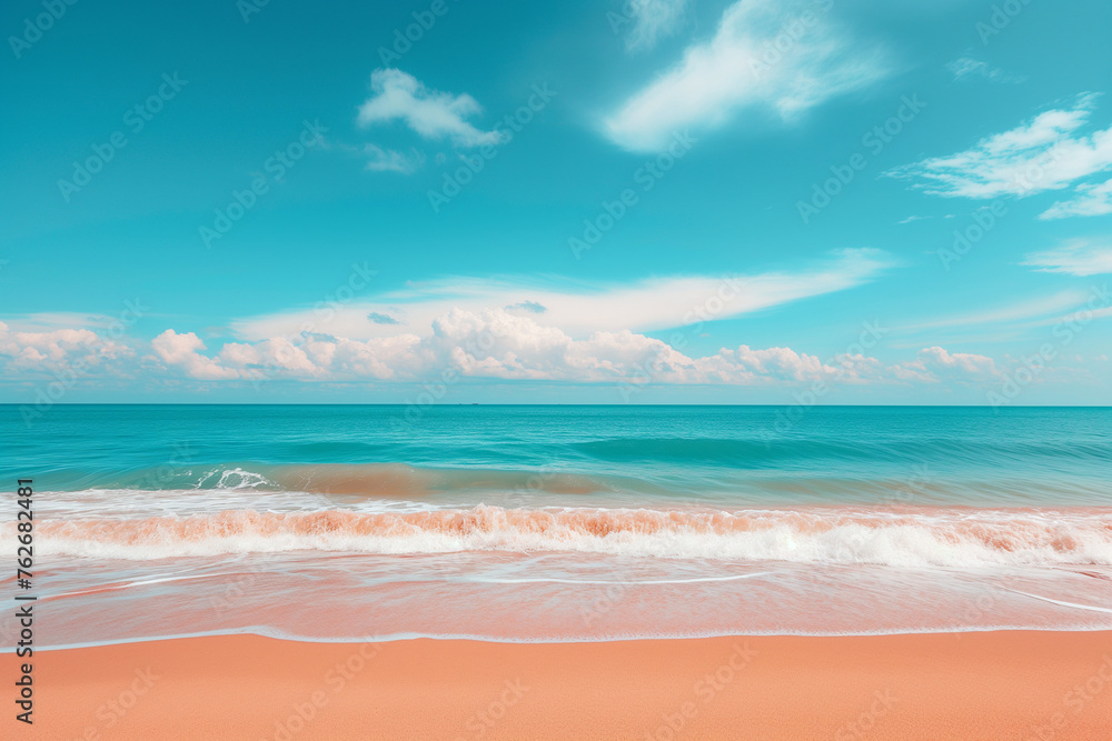 Clean beach with sand and cloud sunny blue sky wallpaper concept banner, natuaral landscape scenery, sandy tropical summer beach, summer vacation banner,  beautiful sea on sunny day, Hawaiian beach