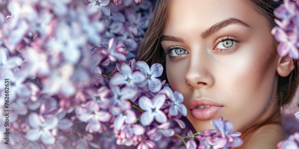 Portrait of Beauty Amidst Lilac Blossoms. An enchanting portrait of a young woman surrounded by delicate lilac flowers.