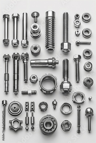flying metal parts, bolts, nuts, tubes, engines, chrome parts, monochrome image, white background. replacement tools