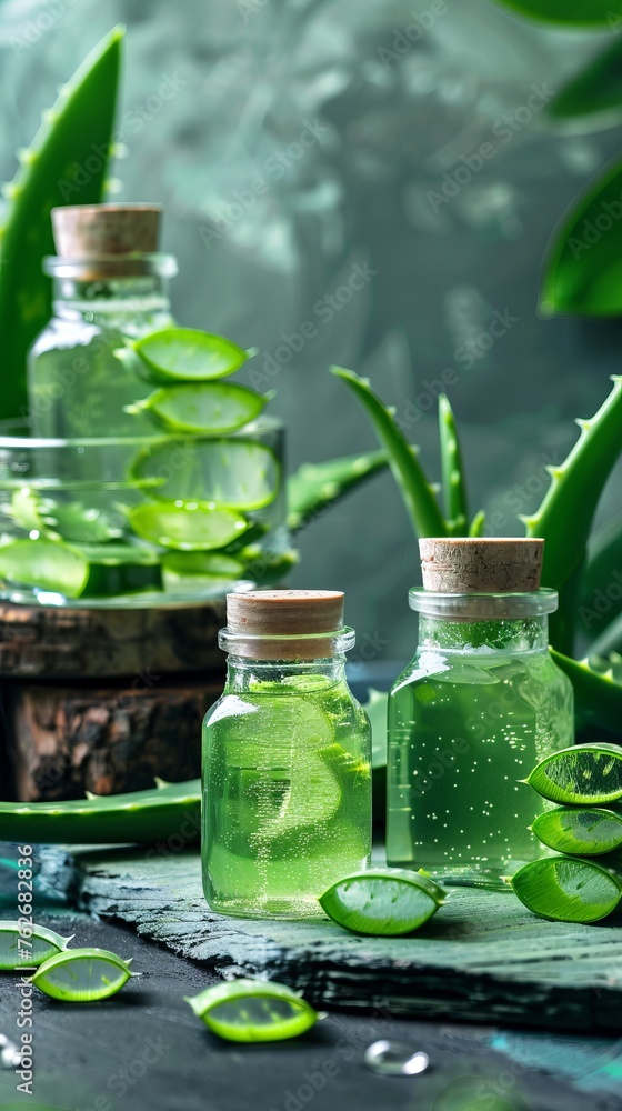 Cosmetic essence from the Aloe Vera plant, bottles with essence next to Aloe Vera leaves Cosmetic essence from the Aloe Vera plant, bottles with essence next to Aloe Vera leaves