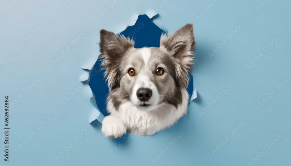 Dog peeking out of a hole in blue wall, fluffy pet 