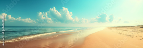 Clean sandy beach with cloudy sunny sky panorama view, natural landscape scenery, sandy tropical summer beach, summer vacation banner, the beautiful sea on a sunny day, Hawaiian decent beach panorama photo