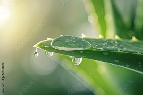 A close up of a green aloe vera plant with water drops on the leaves, displaying beautiful macro photography of this terrestrial houseplant, cosmetic concept photo