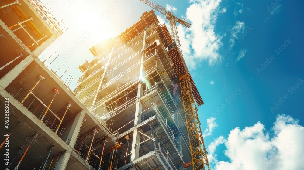 Witness urban growth with our vibrant image capturing a construction site under the sun, showcasing the progress of an unfinished building - obrazy, fototapety, plakaty 