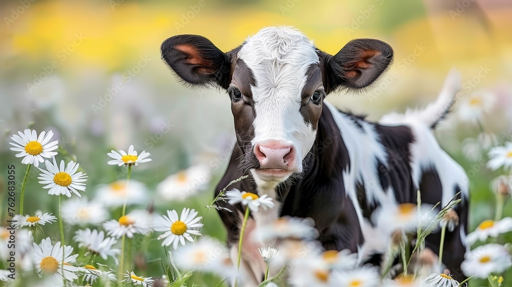 Young calf grazing in sunny daisy field on a summer day  serene farm animal scene