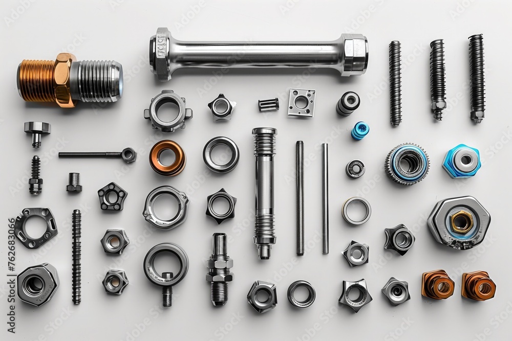 Fototapeta premium flying metal parts, bolts, nuts, tubes, engines, chrome parts, construction tools