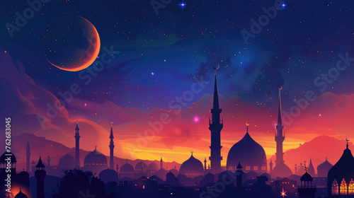 watercolor illustration, Laylat al-Qadr, Eid al Fitr, Eid Mubarak, mosque silhouette against the night sky, bright crescent and stars, dawn, sunset, vintage style