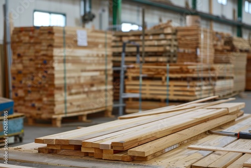 Material and tools for the assembly of parquet and wooden pallets on a table in warehouse. Horizontal composition.