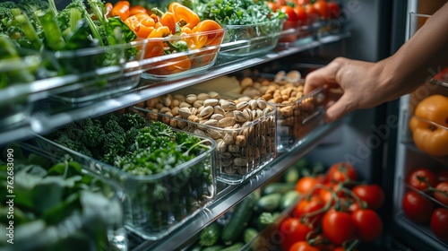 A fridge door opens to reveal a shelf dedicated to heart-healthy snacks: unsalted nuts, low-fat cheese, and cut-up veggies, as a hand reaches for a snack that satisfies both hunger
