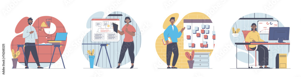 Business planning concept with people scenes set in flat web design. Bundle of character situations with employees brainstorming, making strategy and analyzing charts in office. Vector illustrations.