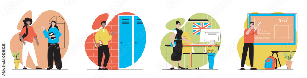 School learning concept with people scenes set in flat web design. Bundle of character situations with classmates discussing, saves books in locker, going to lessons in class. Vector illustrations. - obrazy, fototapety, plakaty 