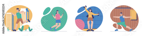 Fitness concept with people scenes set in flat web design. Bundle of character situations with men and women running, exercising with jumping rope, dumbbell training, doing yoga. Vector illustrations.