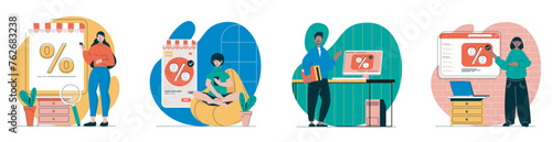 Discount sales concept with people scenes set in flat web design. Bundle of character situations with men and women shopping with bargain prices, ordering online and purchasing. Vector illustrations. © alexdndz