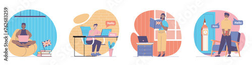 Language courses concept with people scenes set in flat web design. Bundle of character situations with students learning english and spanish at online educational classes. Vector illustrations.