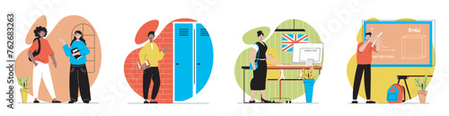 School learning concept with people scenes set in flat web design. Bundle of character situations with classmates discussing, saves books in locker, going to lessons in class. Vector illustrations.