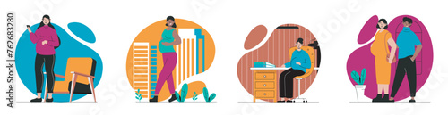 Pregnancy concept with people scenes set in flat web design. Bundle of character situations with young family waiting baby, mothers with pregnant bellies in daily activity. Vector illustrations.