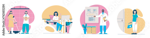 Medical concept with people scenes set in flat web design. Bundle of character situations with patients on rehabilitations, doctors and nurses working at clinic and hospital. Vector illustrations.