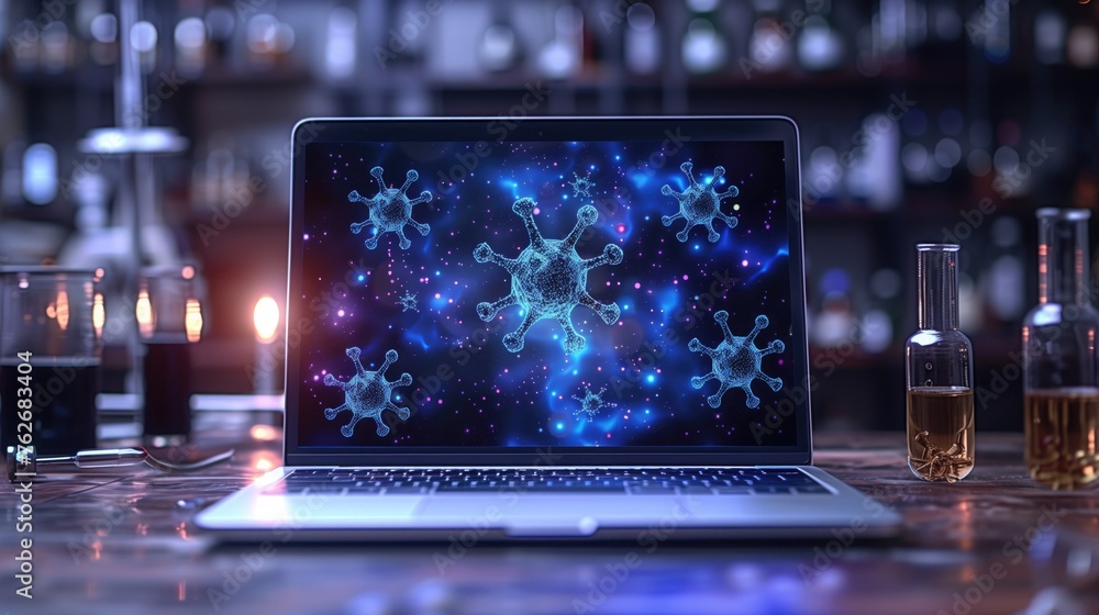 Laptop and visual molecular model with laboratory background. Biology and chemistry theme
Laptop and visual molecular model with laboratory background. Biology and chemistry theme