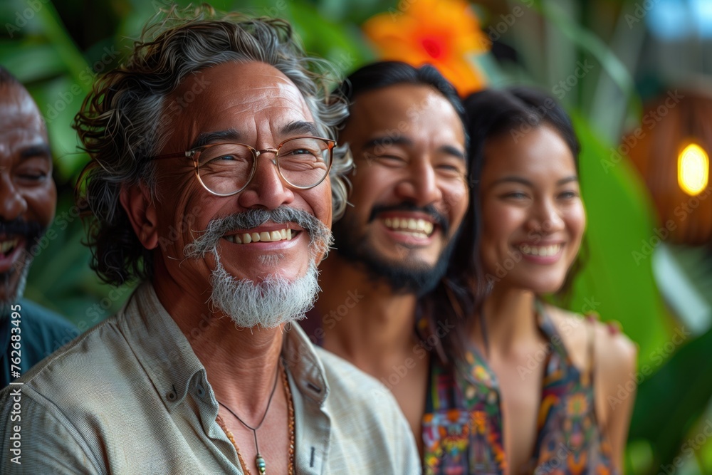 portrait of team of diverse people, office dressed, in a modern tropical hotel lobby setting, photo realistic