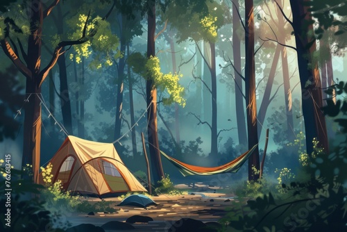 Relaxing in the forest at a campsite, a hanging hammock hangs on the trees near the tents in the rays of the setting sun