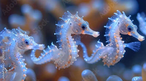  Seahorses, clustered near each other, perch atop anemone bubbles in the sea