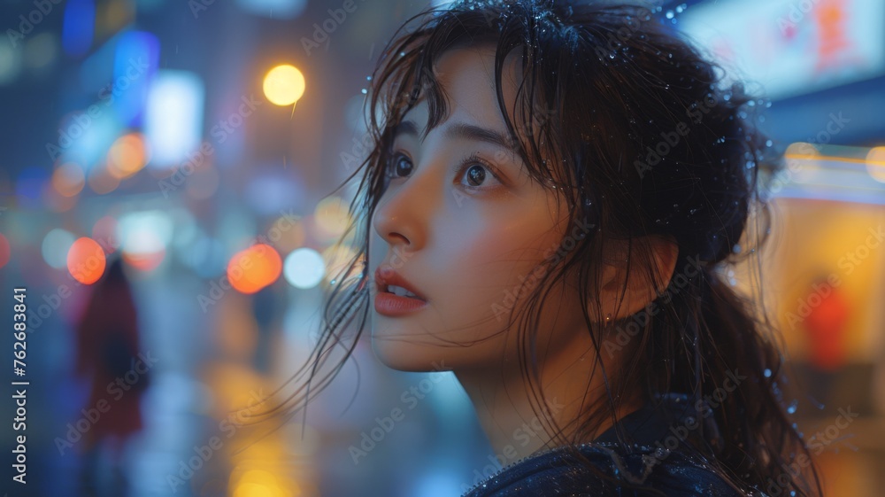 Young woman in city lights at night - A portrait of a young woman with wet hair, against a background of city lights reflecting on a rainy night Young woman in city lights at night - A portrait of a young woman with wet hair, against a background of city lights reflecting on a rainy night