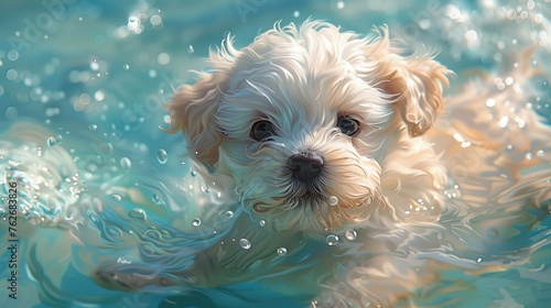 White dog swimming in the pool. Happy white puppy, white and aquamarine water 