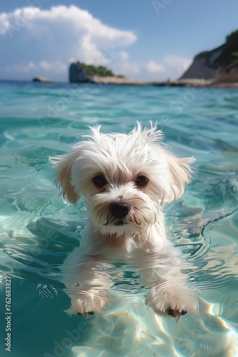 White dog swimming in the pool. Happy white puppy, white and aquamarine water  © arti om