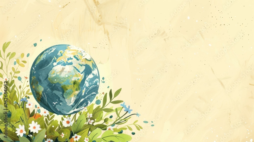 watercolor illustration, International Mother Earth Day, planet earth, green plants, light background, vintage style, copy space, place for text