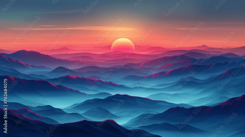 Sunset over layered mountain landscape - A serene digital art landscape depicting the warm glow of a sunset over a succession of mountain ranges