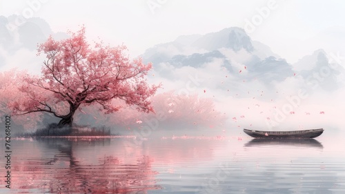 Tranquil Asian-inspired landscape with cherry blossom - A serene watercolor-style scene of a cherry blossom tree and boat surrounded by misty mountains, reflecting in calm waters photo
