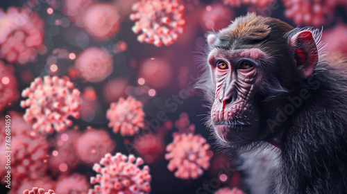 Monkeypox Virus. Virology 3D Render ,infectious zoonotic disease, monkey pox vaccination concept,Patient with Monkey Pox. Painful rash, red spots blisters on the hand,Futuristic monkey pox virus conce photo