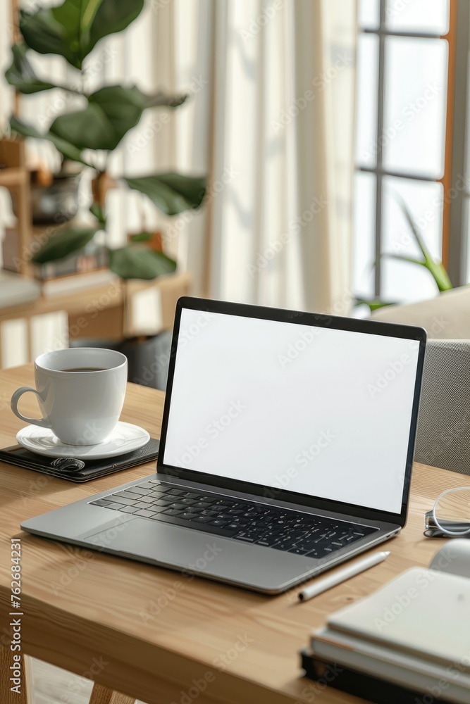 A laptop with white screen on the working table A laptop with white screen on the working table