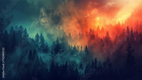 Mystical forest with sunset clouds - A digital composition of a dense forest shrouded in mystic fog under a dramatic sunset sky