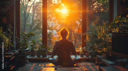 A home office setup by a large window, where a person takes a break from work to practice deep breathing exercises, the room filled with plants that purify the air photo