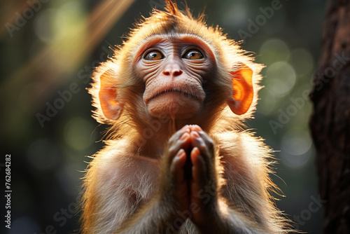 Portrait of a cute little monkey with its paws folded in prayer on a natural blurred background © Маргарита Вайс