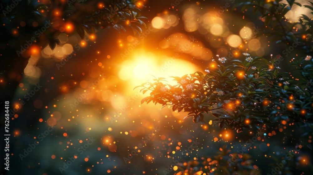 Golden sunrise through misty forest foliage - A mystical sunrise filters through mist and forest foliage, creating an enchanting ambiance Golden sunrise through misty forest foliage - A mystical sunrise filters through mist and forest foliage, creating an enchanting ambiance