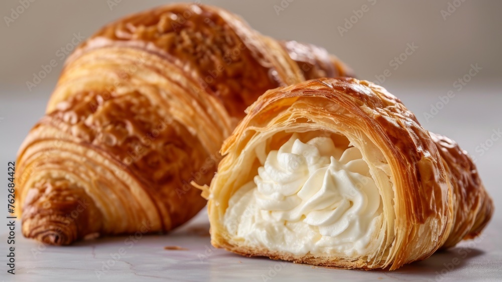 Golden croissant stuffed with whipped cream - A croissant with almond flakes and sugar dust is cut open to display an ample whipped cream filling