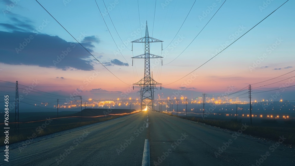 Dusk panorama with power lines and lights - The sun sets casting a golden hue over a landscape lined with power lines and distant lights